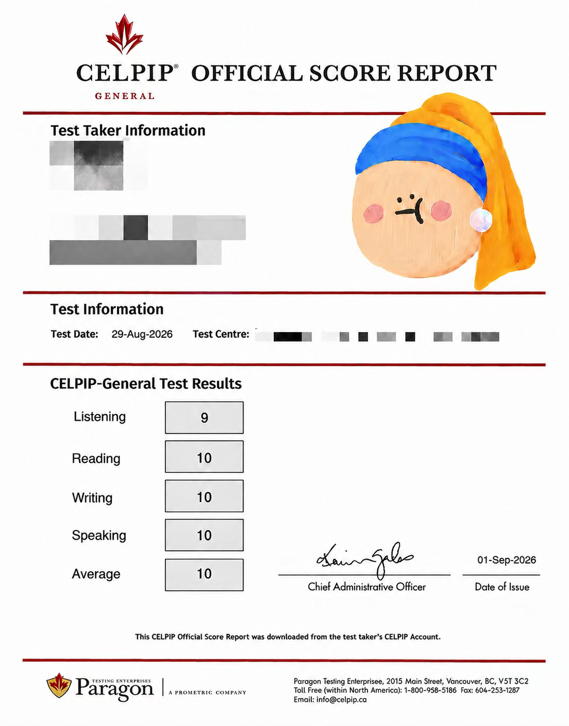 思培 CELPIP 最新出分 成绩单 — 学员LLL