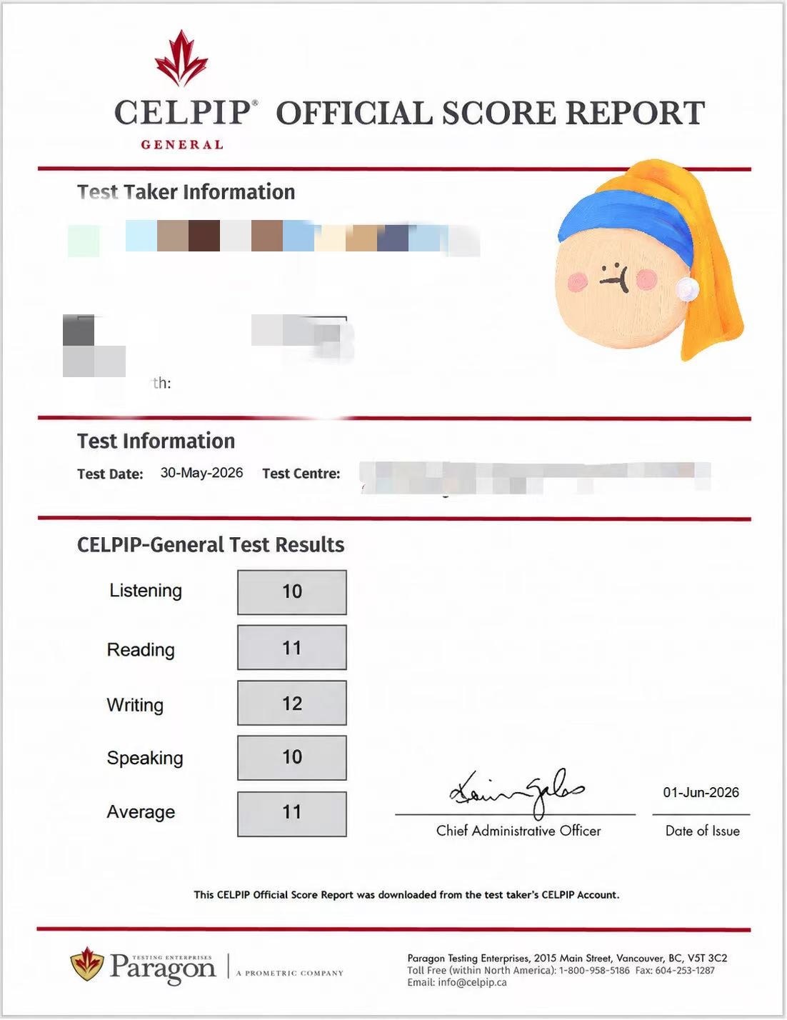 思培 CELPIP 平均 11 成绩单 — 学员W