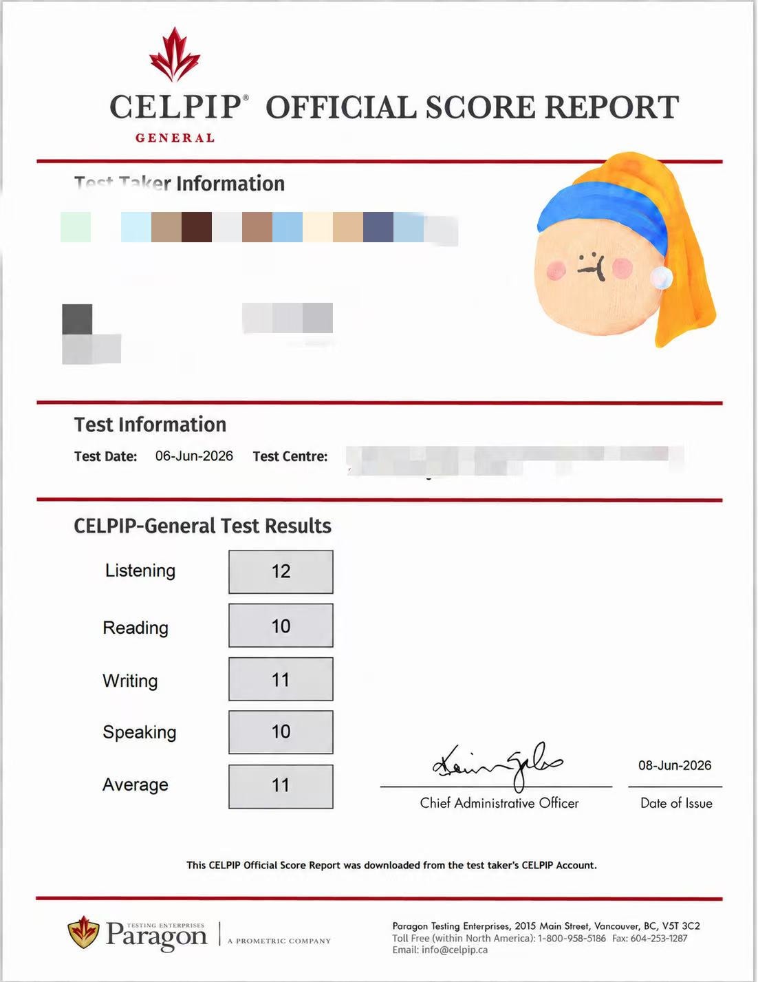 思培 CELPIP 平均 11 成绩单 — 学员Y