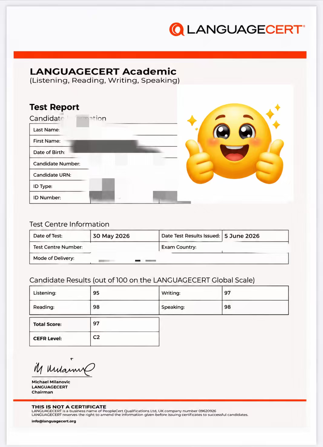 朗思 LanguageCert C2 / 97 成绩单 — 学员GG