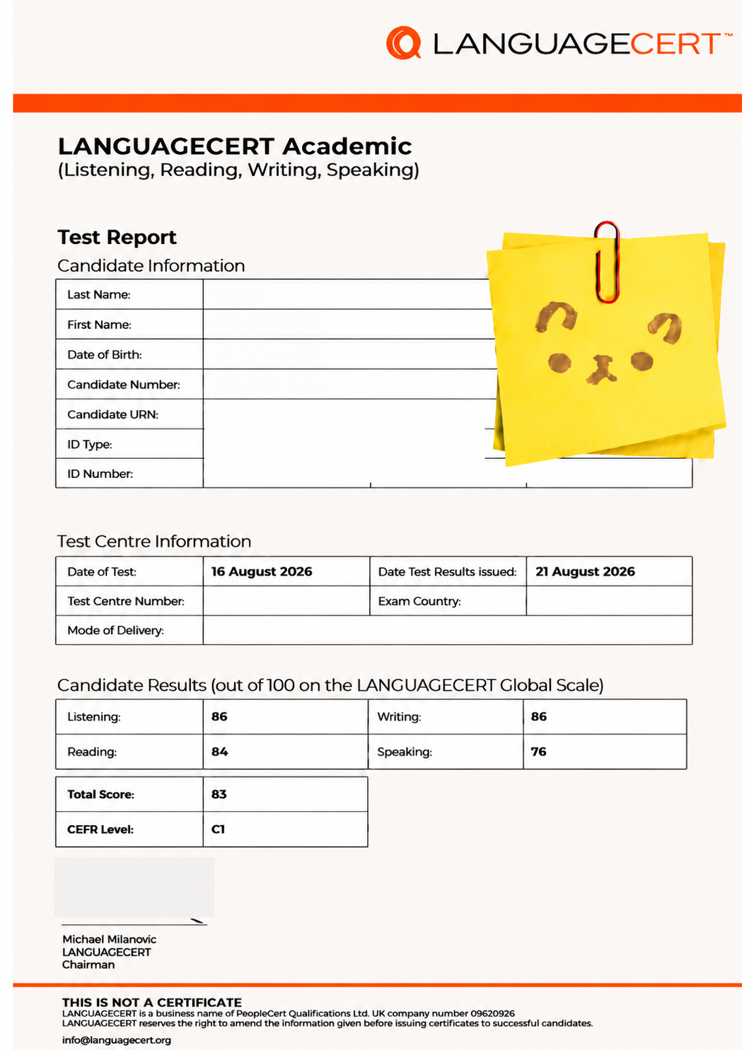 朗思 LanguageCert C1 / 83 成绩单 — 学员HH