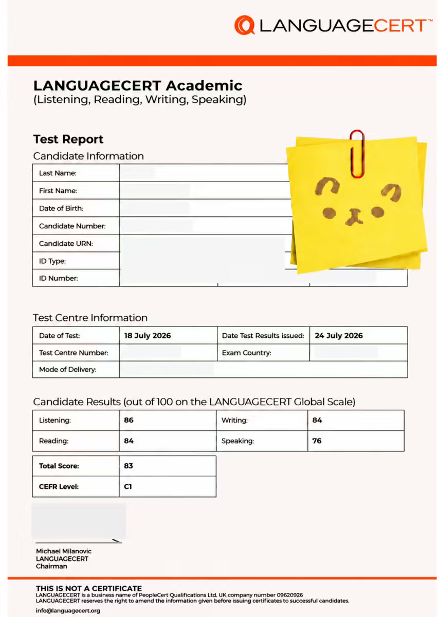 朗思 LanguageCert C1 / 83 成绩单 — 学员II