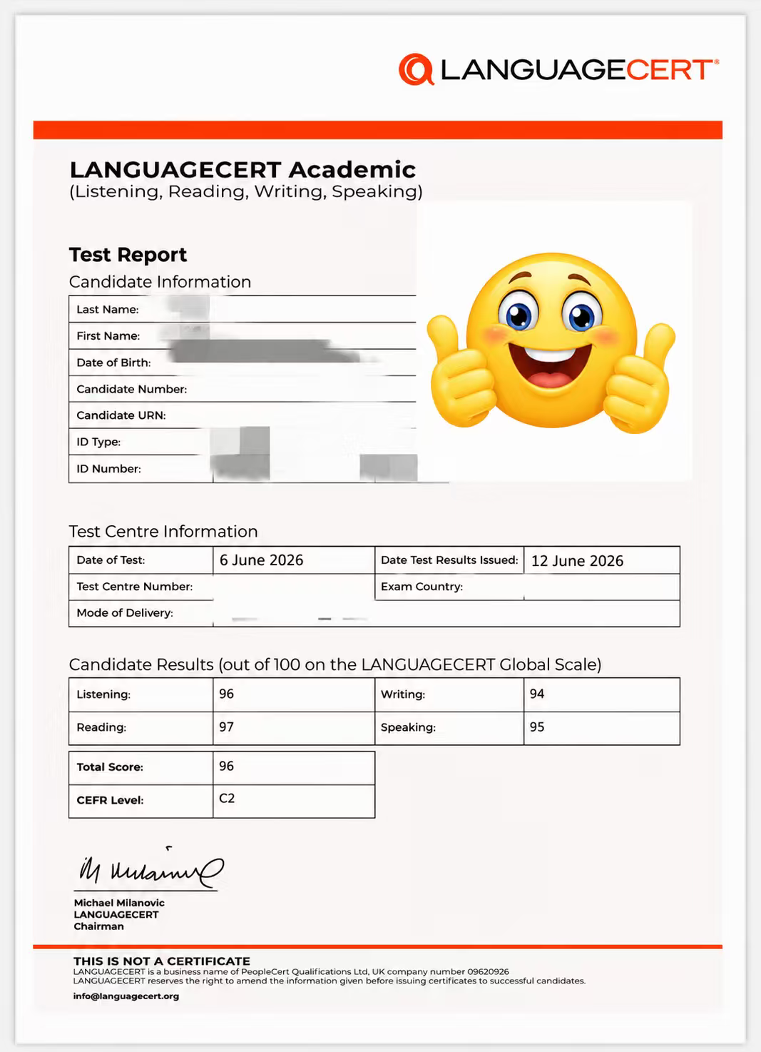朗思 LanguageCert C2 / 96 成绩单 — 学员KK