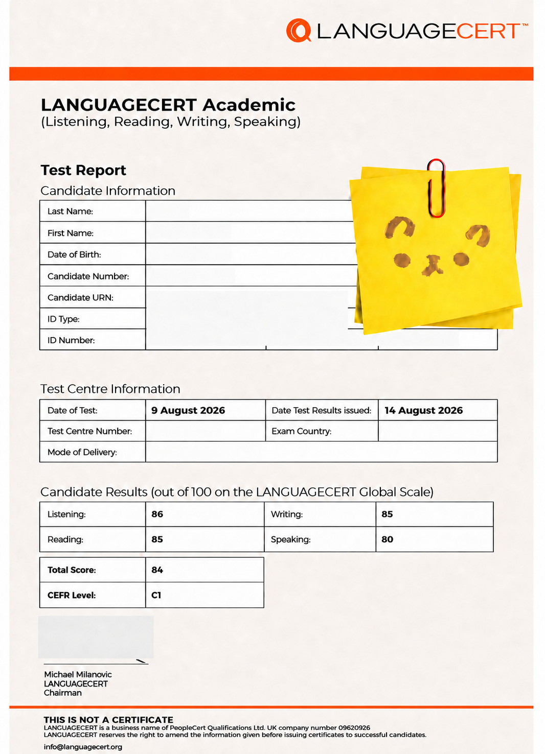 朗思 LanguageCert C1 / 84 成绩单 — 学员MM