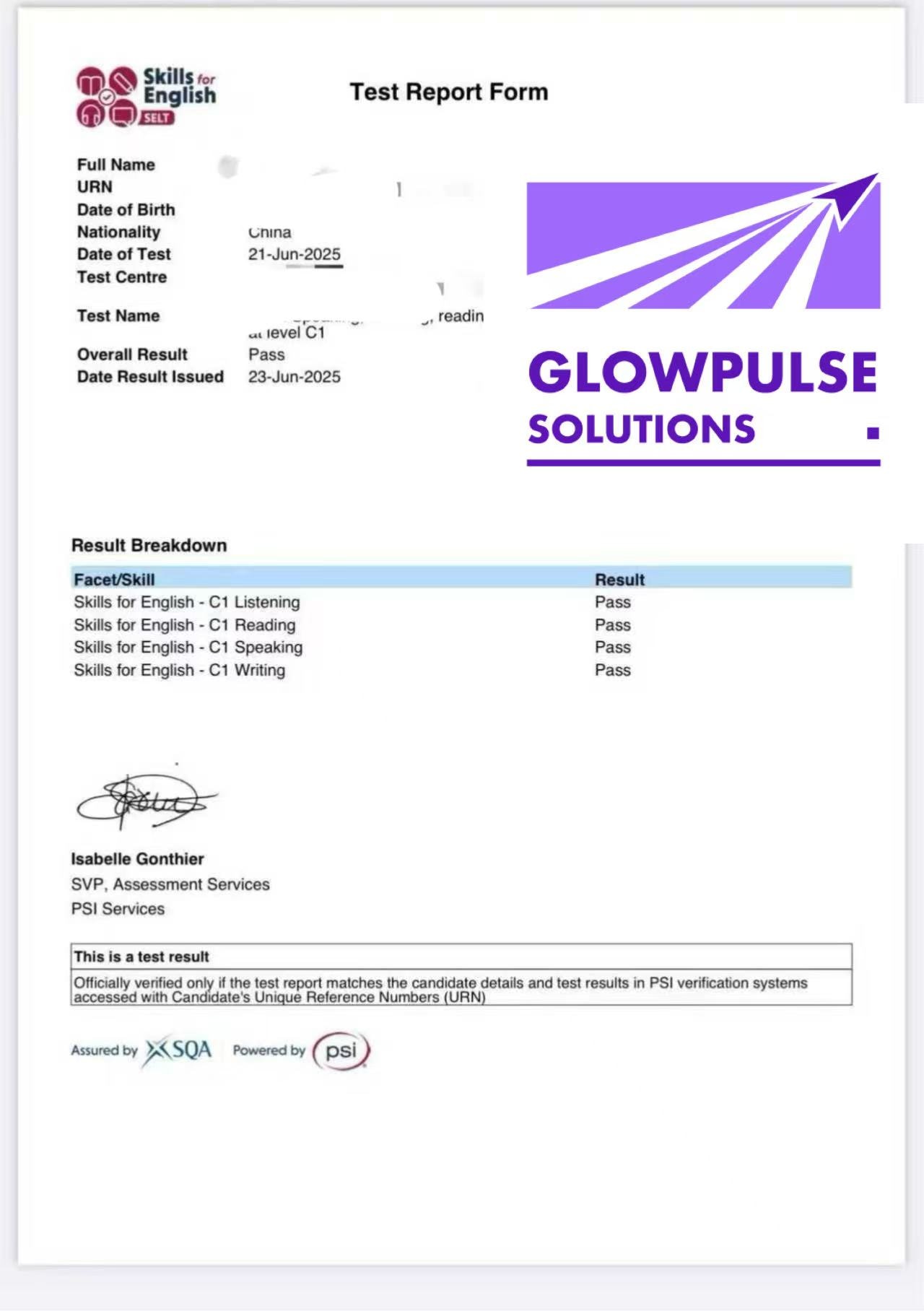 PSI 英语考试 C1 / Pass 成绩单 — 学员ZZ