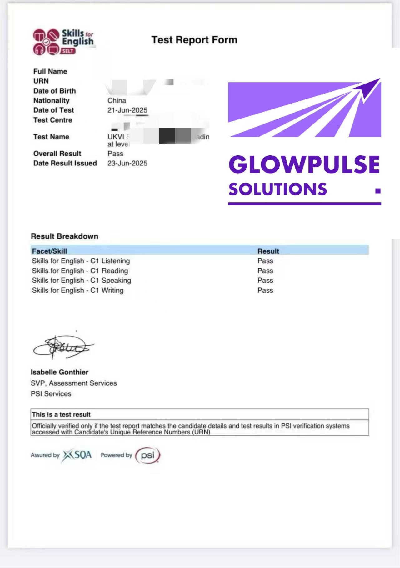 PSI 英语考试 C1 / Pass 成绩单 — 学员AAA
