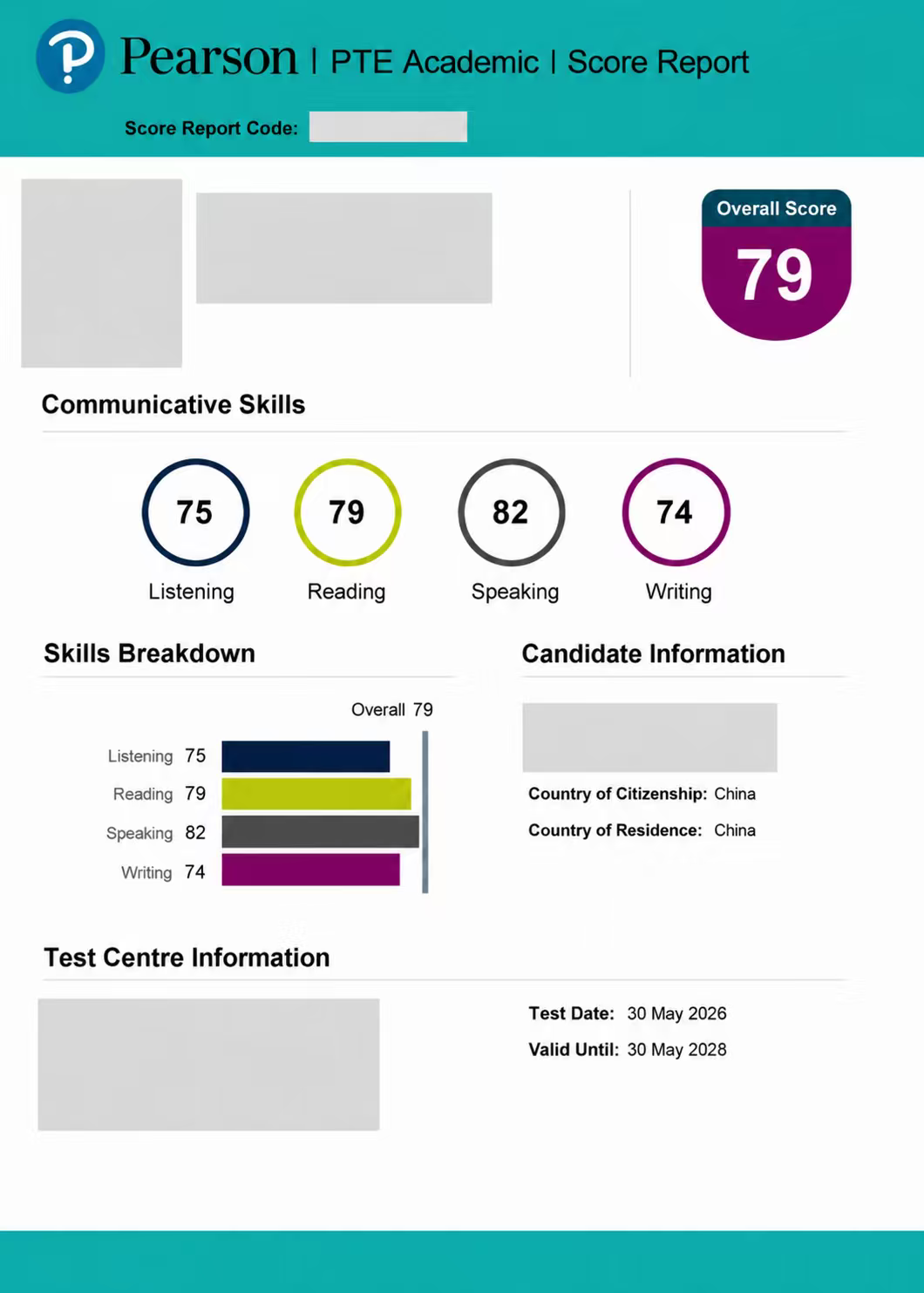 PTE Academic 76 成绩单 — 学员WW