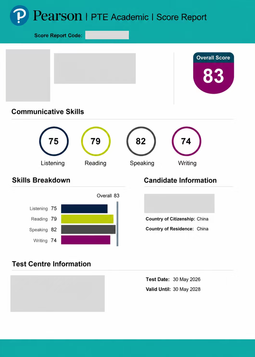 PTE Academic 83 成绩单 — 学员XX