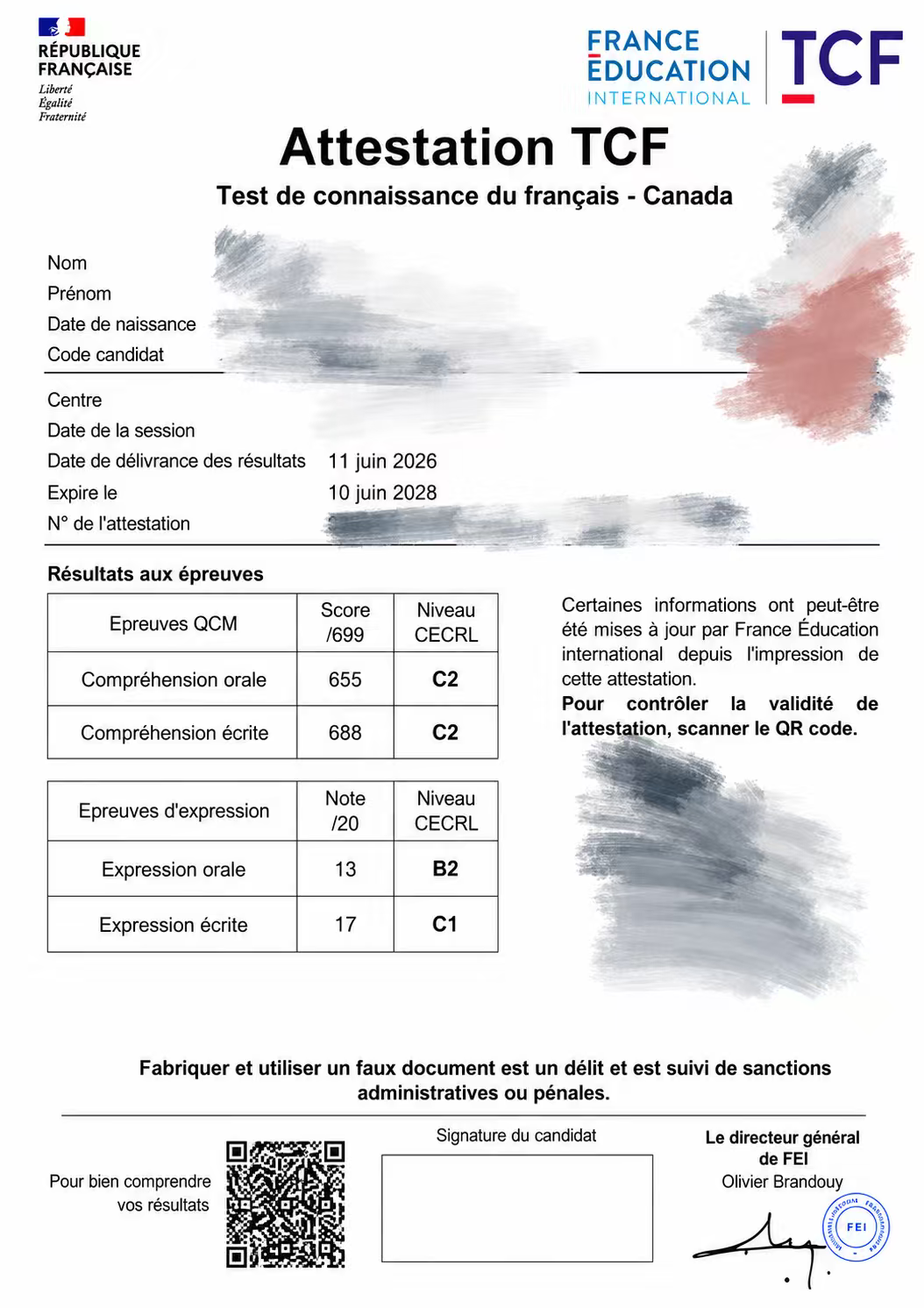 TCF 法语 C2 成绩单 — 学员Q