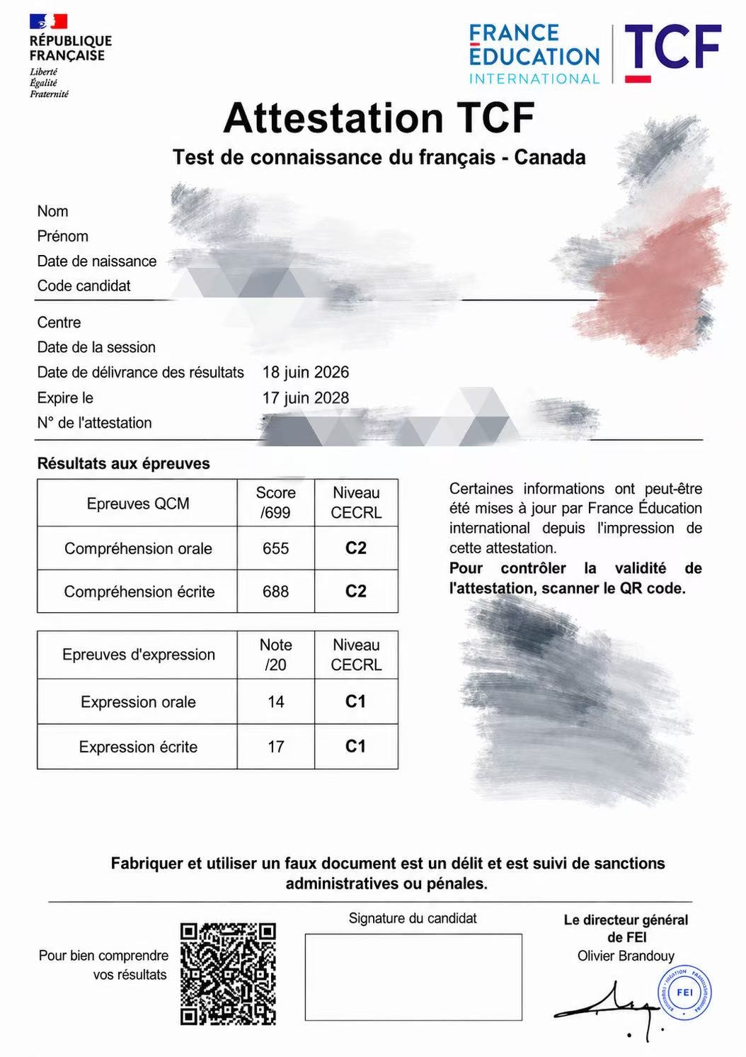TCF 法语 C2 成绩单 — 学员R