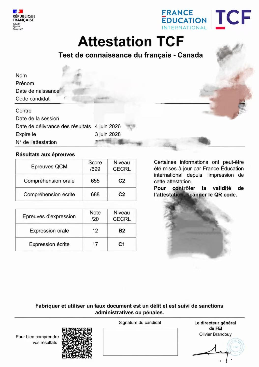TCF 法语 B2 成绩单 — 学员T
