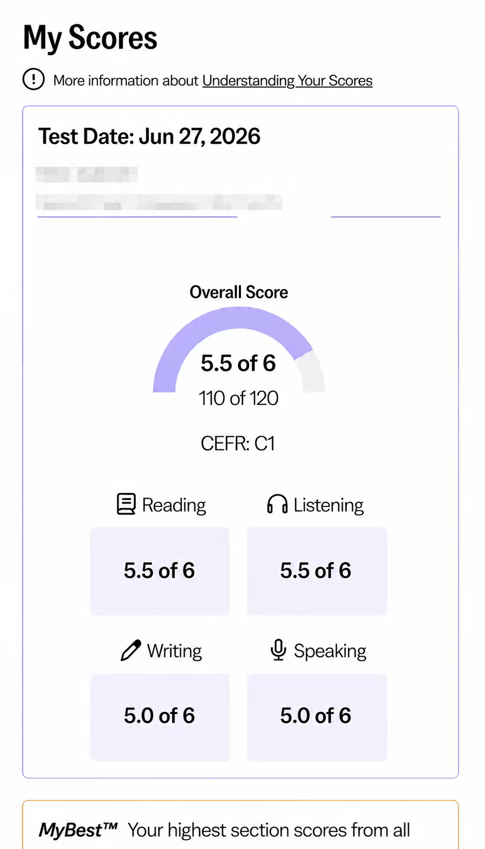 托福 TOEFL C1 / 110 成绩单 — 学员NN