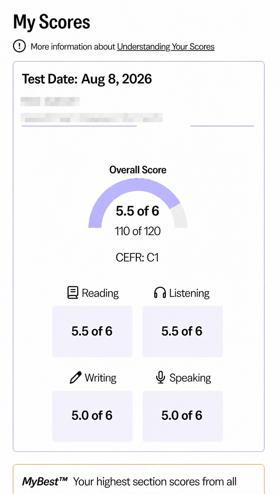 托福 TOEFL C1 / 110 成绩单 — 学员OO