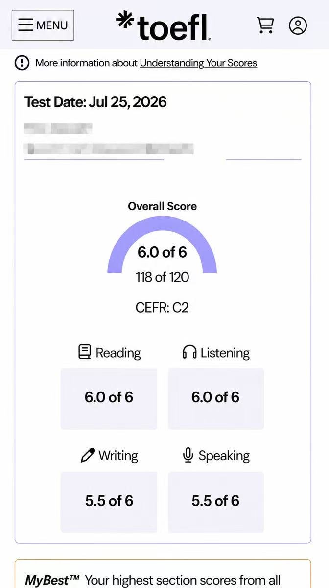 托福 TOEFL C2 / 118 成绩单 — 学员PP