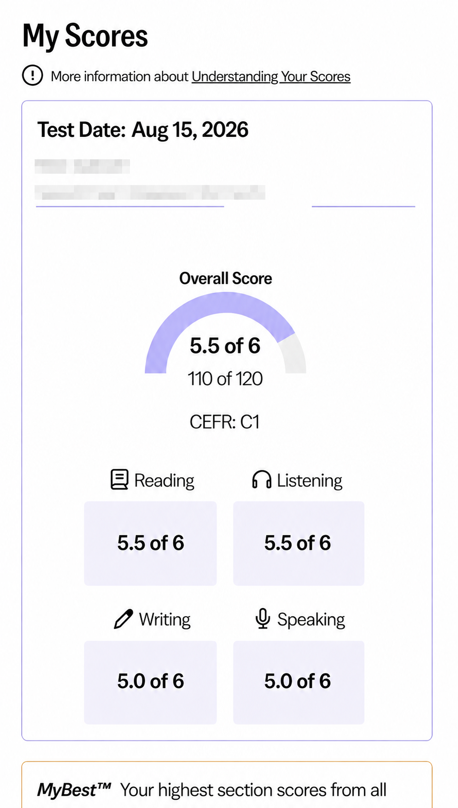 托福 TOEFL C1 / 110 成绩单 — 学员RR