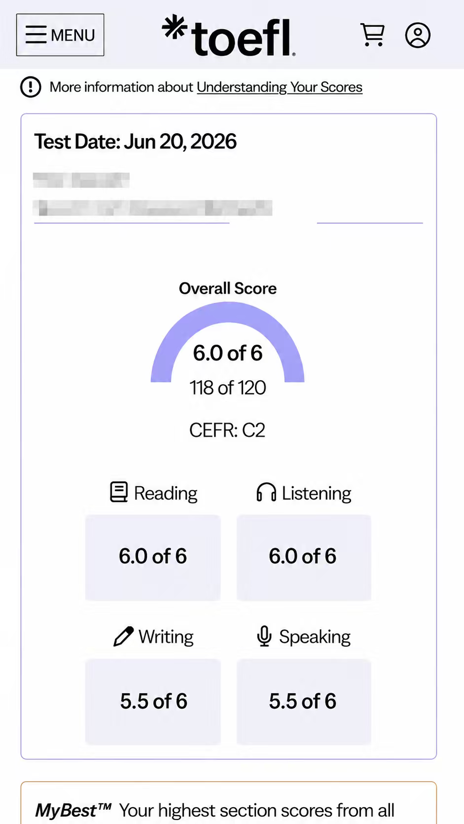 托福 TOEFL C2 / 118 成绩单 — 学员SS