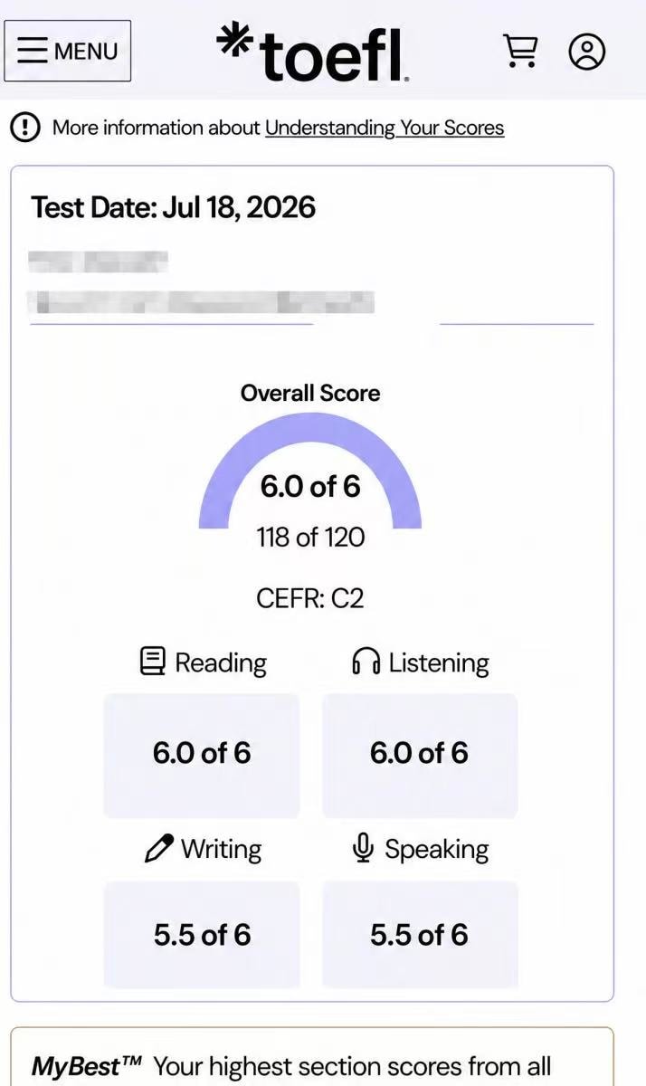 托福 TOEFL C2 / 118 成绩单 — 学员TT